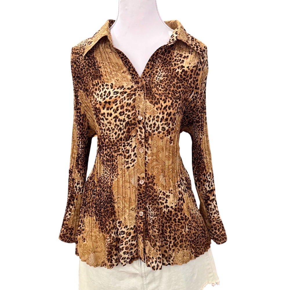 Y2k Leopard Print Pleated Button Down Blouse Mob Wife Studio 1940  Large